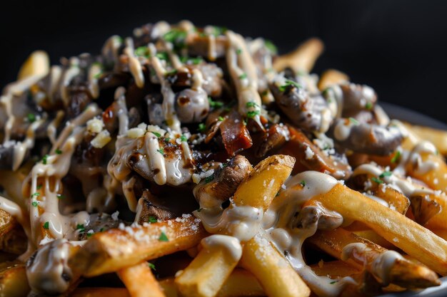 Photo une délicieuse poutine avec des champignons et de la sauce au fromage.