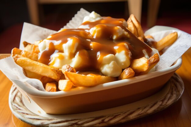 Photo délicieuse poutine garnie de sauce au fromage en grains frais et de frites croustillantes