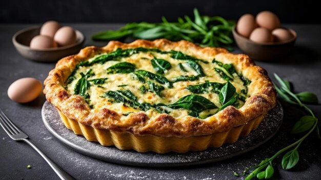 Une délicieuse quiche d'épinards cuite prête à être dégustée