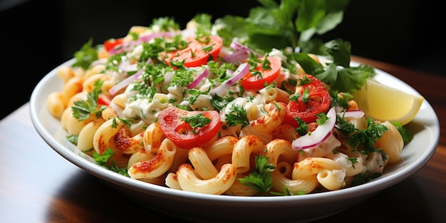 Une délicieuse salade faite maison Salade de macaronis aux tomates, oignons, céleri et persil