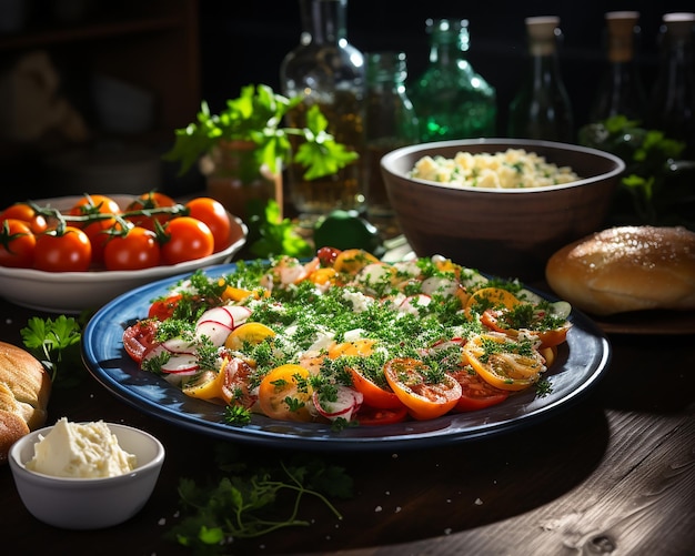 Délicieuse salade de légumes avec tomates concombres poivrons radis et fromage beaucoup d'herbes et sauces avec tartelettes générées par l'IA