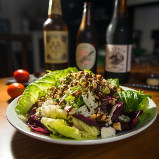 Photo une délicieuse salade de noix avec une bière rafraîchissante