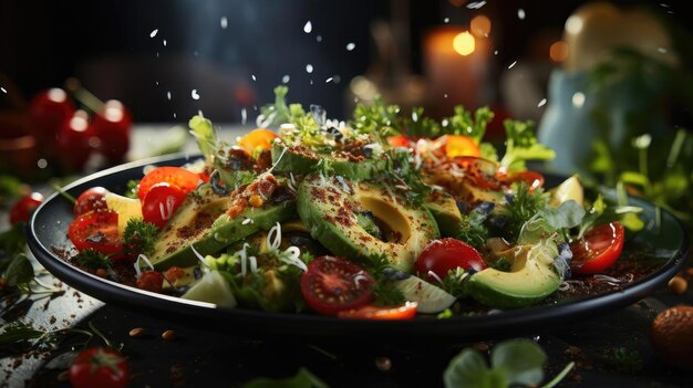 délicieuse salade pleine de légumes sur une assiette avec un arrière-plan flou