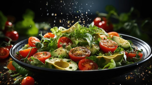 délicieuse salade pleine de légumes sur une assiette avec un arrière-plan flou