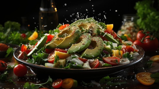 délicieuse salade pleine de légumes sur une assiette avec un arrière-plan flou