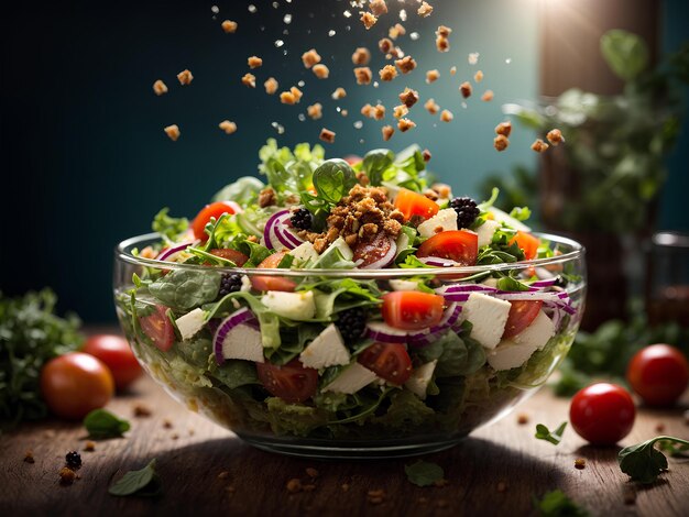 Délicieuse salade saine flottante faite avec des ingrédients nutritifs légumes à feuilles vertes fruits