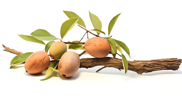 Photo délicieuse sapodilla avec une branche isolée sur fond blanc