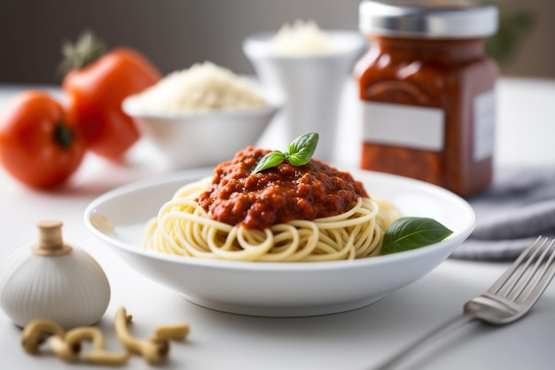 Délicieuse sauce à spaghetti maison au basilic sur une assiette avec des spaghettis cuits sur un tableau blanc