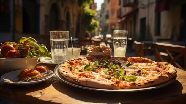 Une délicieuse et savoureuse pizza italienne avec des tomates et de la mozzarella sur une table magnifiquement servie