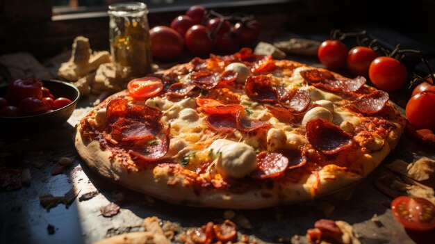 Une délicieuse et savoureuse pizza italienne avec des tomates et de la mozzarella sur une table magnifiquement servie