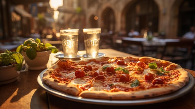 Une délicieuse et savoureuse pizza italienne avec des tomates et de la mozzarella sur une table magnifiquement servie