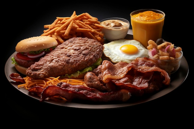 Photo une délicieuse sélection de plats de petit-déjeuner américains classiques comprenant des œufs, du bacon et d'autres aliments variés