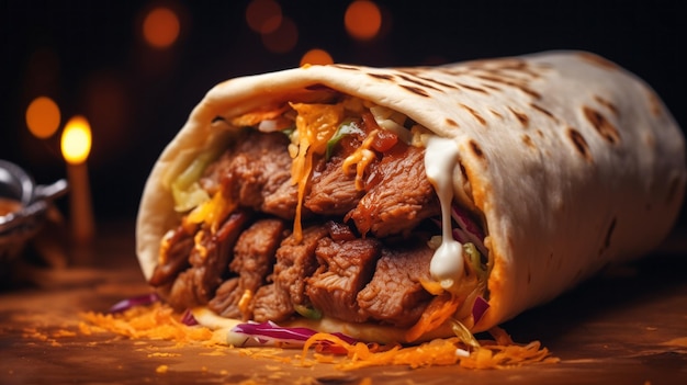 Une délicieuse shawarma grillée juteuse à la viande et à la sauce shawarma coupée en deux