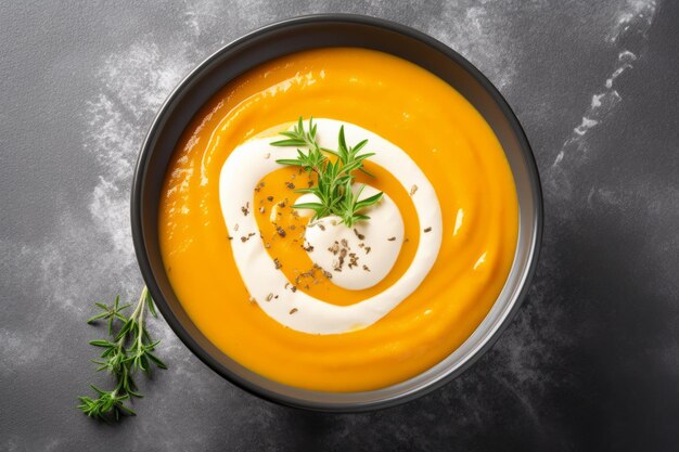 Une délicieuse soupe de citrouille et de carotte sur une toile de pierre grise