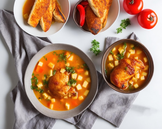 Délicieuse soupe crémeuse avec croûtons et légumes sur fond de bois