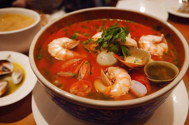 Délicieuse soupe de fruits de mer aux moules et crevettes et bouillon de tomates