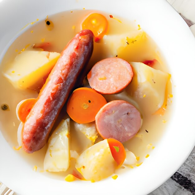 Délicieuse soupe de légumes de pommes de terre allemande avec des saucisses dans un bol en gros plan sur la table