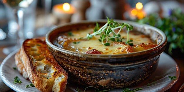 Photo délicieuse soupe d'oignon avec des croutons dans une assiette sur la table cuisine française