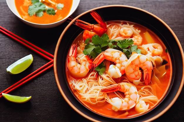 Délicieuse soupe tom yam asiatique aux fruits de mer et feuilles de coriandre