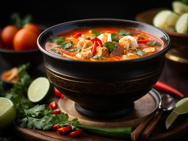 Photo délicieuse soupe tom yum, plat thaïlandais savoureux, bouillon aromatique, tiges de citronnelle parfumées.