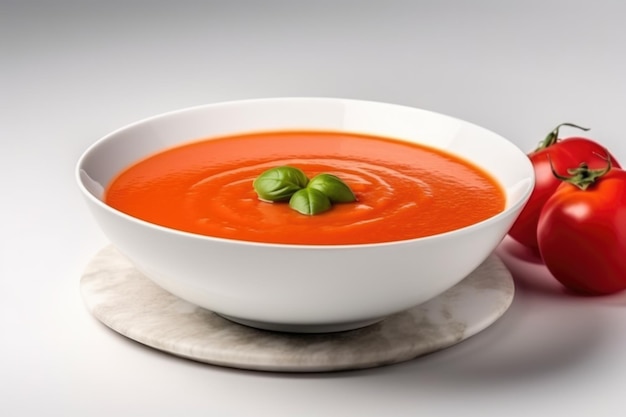 Délicieuse soupe de tomates dans un bol blanc isolé sur fond blanc