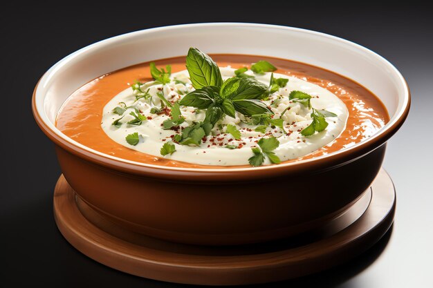 Une délicieuse soupe de tomates dans un bol, une nourriture d'hiver et une soupe de protéines saine.