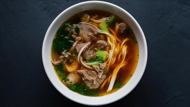 Une délicieuse soupe avec de la viande et des nouilles dans un bol blanc.