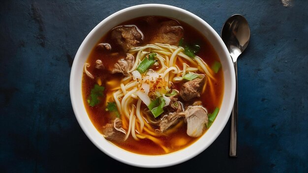 Une délicieuse soupe avec de la viande et des nouilles dans un bol blanc.