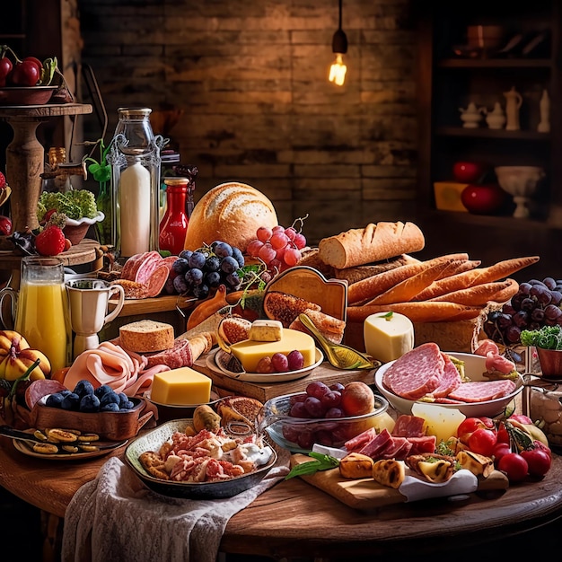 une délicieuse table de petit-déjeuner avec différents pains fromage saucisse charcuterie salami trempettes fruits