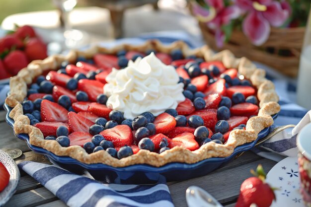 Une délicieuse tarte aux baies avec des fraises fraîches, des bleuets et de la crème fouettée.