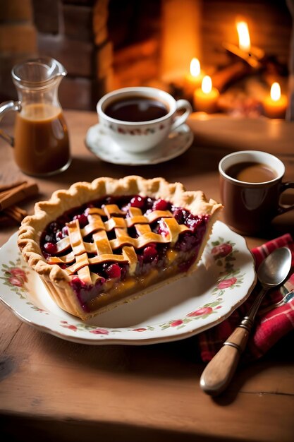 Délicieuse tarte aux baies de Thanksgiving faite maison avec de la crème fouettée sur un fond en bois