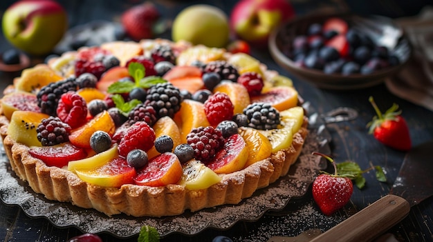 Photo une délicieuse tarte aux fruits mélangés sur une table rustique.