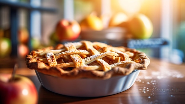 Délicieuse tarte aux pommes fraîche sur fond de cuisine floue Generative Ai