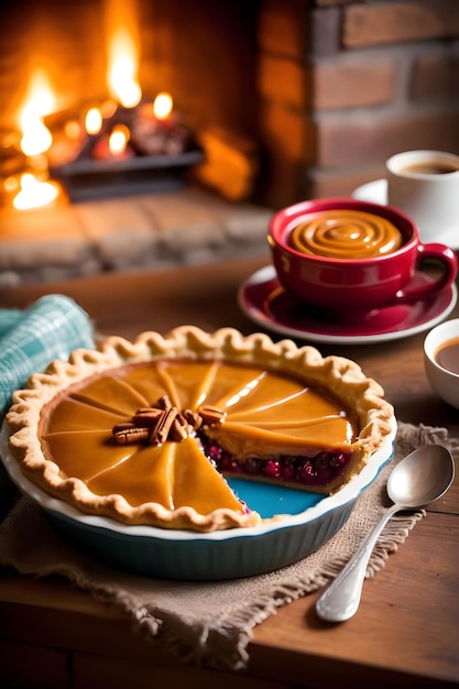 Photo une délicieuse tarte avec de la crème fouettée et une tasse de café sur une table en bois.