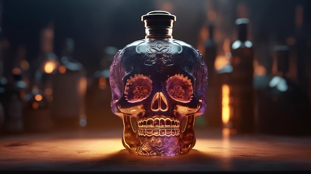 Délicieuse tequila dans une bouteille de type crâne debout sur une IA générative de calavera