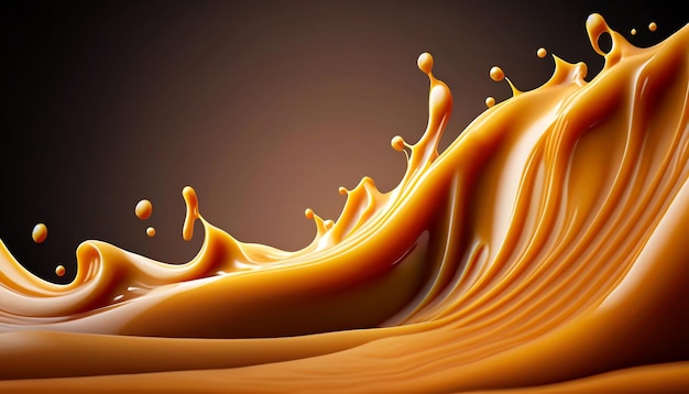 Délicieuse texture de caramel fondu vague de flux et gouttes sauce caramels éclaboussures fond de conception de nourriture sucrée