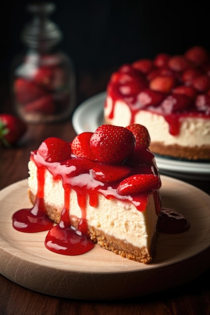 Délicieuse tranche de gâteau au fromage aux fraises cuite et décorée dans une cuisine à la lumière du jour