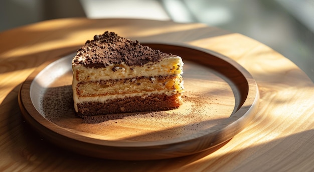Une délicieuse tranche de gâteau en couches sur une assiette en bois