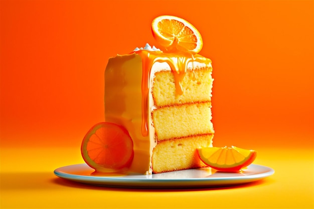 Délicieuse tranche de gâteau à l'orange avec coulis d'orange et décorations d'agrumes Délice culinaire captivant