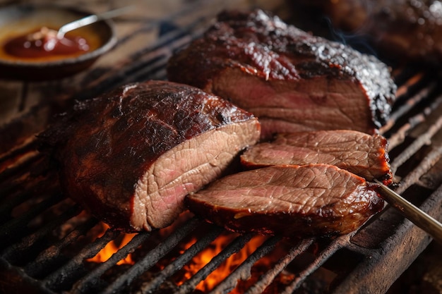 Délicieuse viande grillée coupée sur planche de bois dîner barbecue familial ai génératif