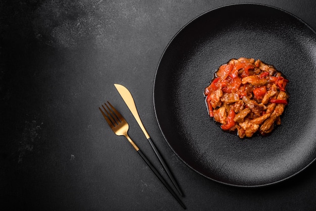 Délicieuse viande juteuse avec piments et sauce sur une plaque en céramique noire sur fond de béton foncé