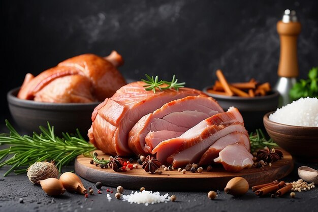 Délicieuse viande de porc ou de poulet fumée avec des épices salées et des herbes sur un fond de béton sombre