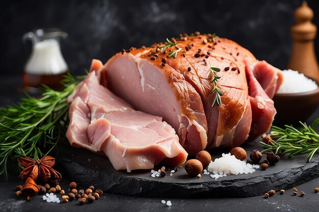 Délicieuse viande de porc ou de poulet fumée avec des épices salées et des herbes sur un fond de béton sombre