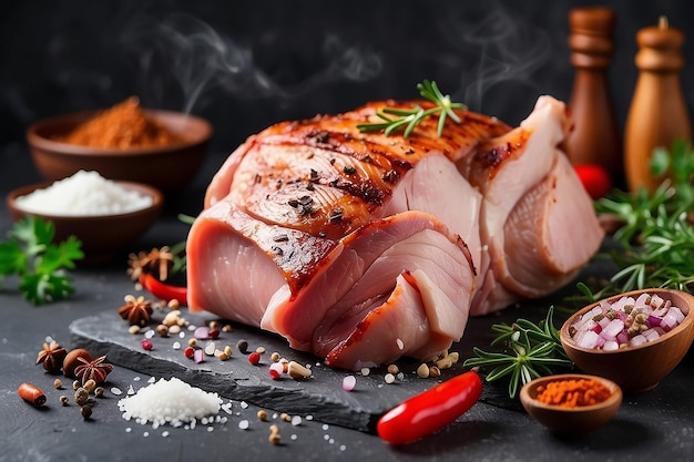 Délicieuse viande de porc ou de poulet fumée avec des épices salées et des herbes sur un fond de béton sombre