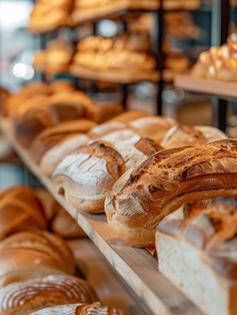 Photo une délicieuse vitrine d'une vaste sélection de pains artisanaux présentant une gamme de formes, tailles et textures dans un cadre de boulangerie confortable