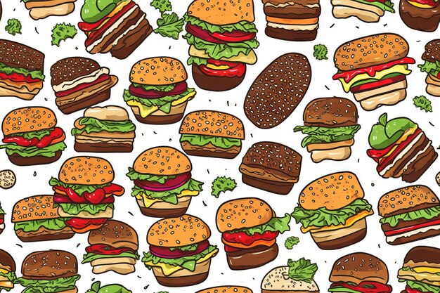 Délicieusement amusant à faible densité Burger Doodle modèle sans couture IA générative