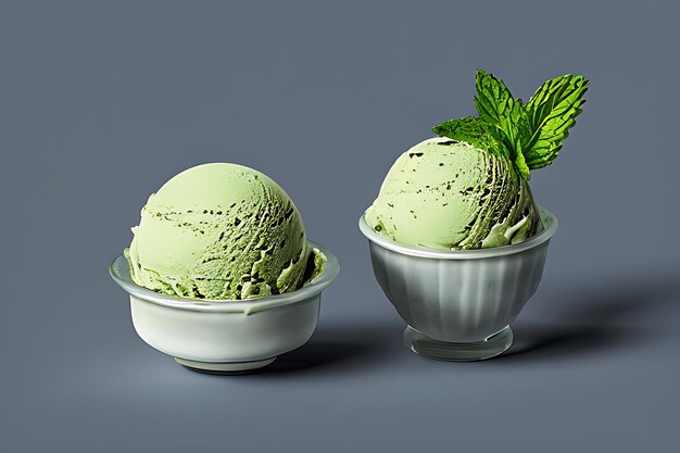 Délicieuses boules de crème glacée Matcha isolées sur fond coloré