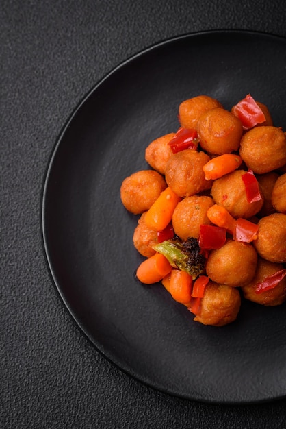 De délicieuses boules de pommes de terre frites avec des légumes, du sel, des épices et des herbes.