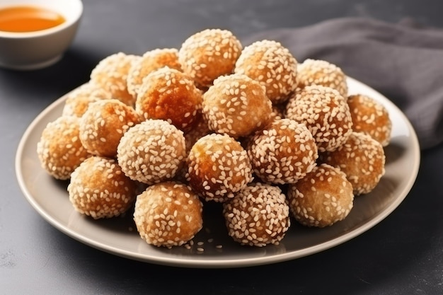 Des délicieuses boules de sésame sur une assiette sur une table gris clair en gros plan