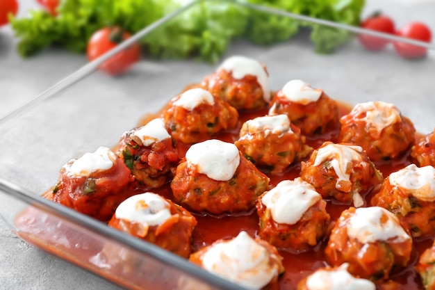 Délicieuses boulettes de dinde dans une cocotte en verre sur une table lumineuse